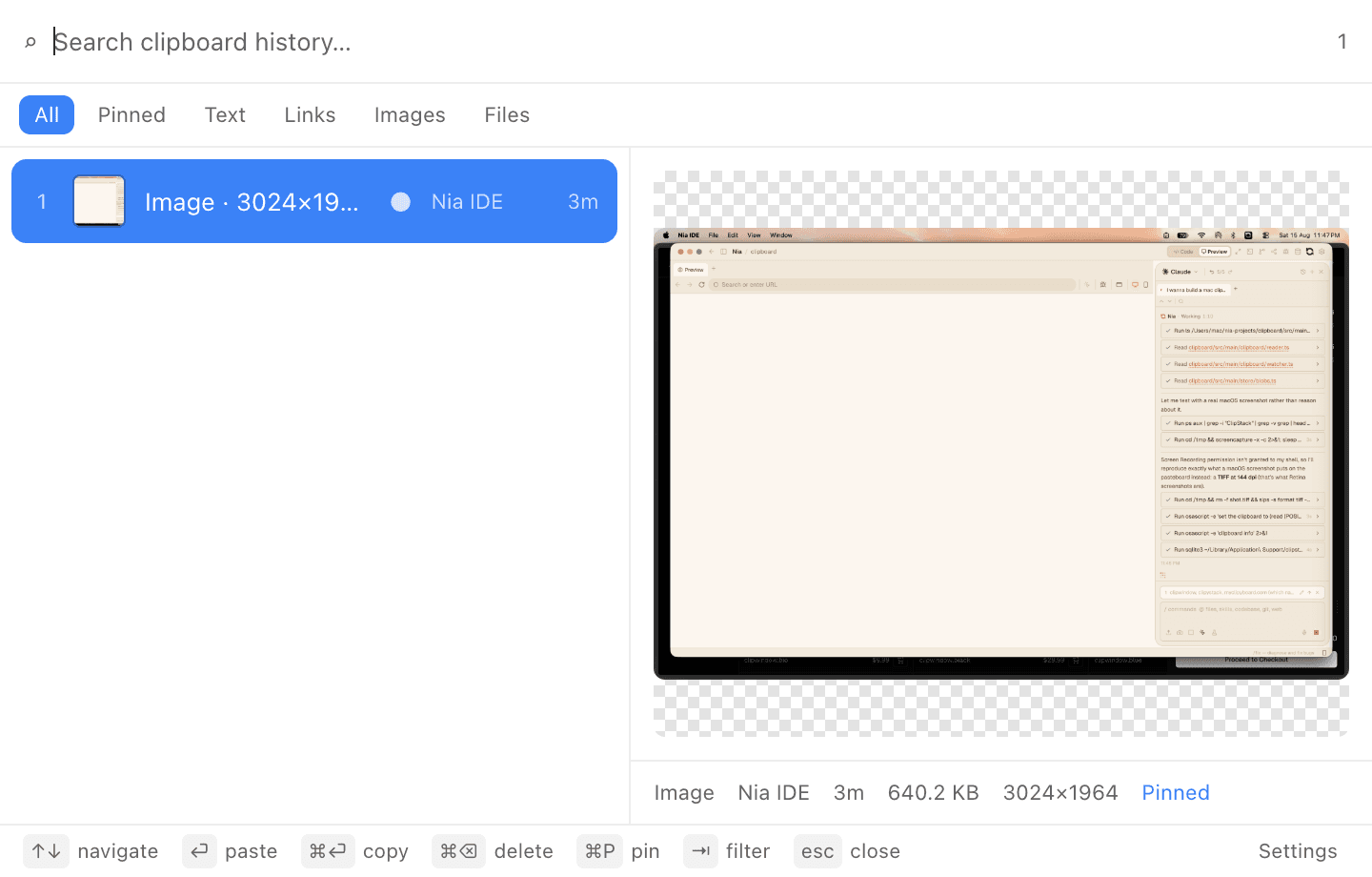 ClipStack previewing a copied image from clipboard history
