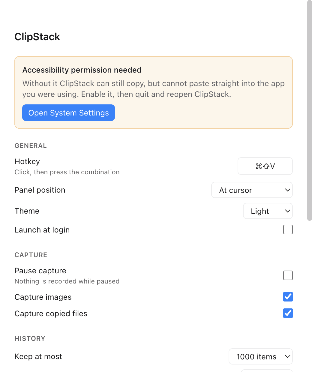 ClipStack settings — hotkey, panel position, theme, history limits and privacy controls